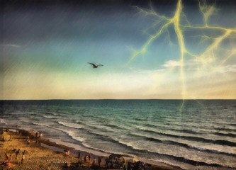 Seagull flying in the sky during a thunderstorm at the sea. Watercolor and oil art painting on canvas. Very high resolution.