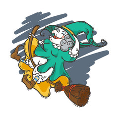 Happy old witch flying on broomstick in the night. Halloween cartoon illustration.