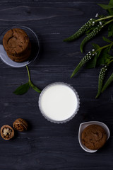 Milk and chocolate cookies on a gray wooden background. Top view