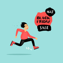 Black Friday guy runs to the store on sale. Flat design vector illustration.