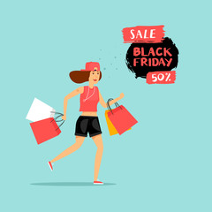 Black Friday girl runs to the store on sale. Flat design vector illustration.