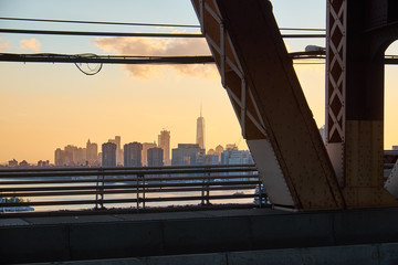New York City skyline with One World Trade center in the middle seen in the sunset from Queensboro Bridge on Manhattan