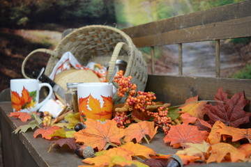 Autumn food set with tea, cup bread, and jelly