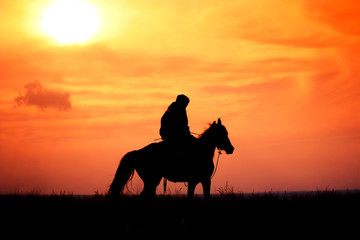 Fototapeta na wymiar rider on horseback in a steppe during colorful sunset, Kazakhstan