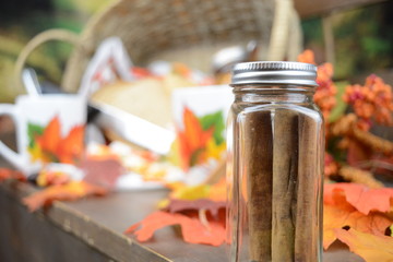 Autumn food set with tea, cup bread, and jelly