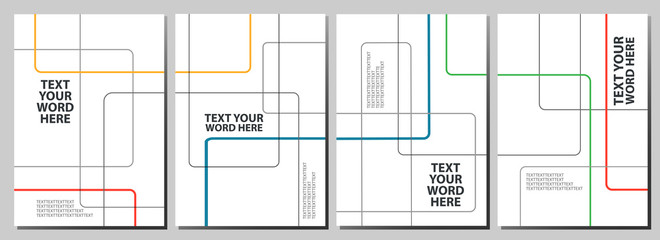 Set of 4 minimal geometric line graphics for background or covers design. Simple poster template in black and colorful lines continue between plate on white background.