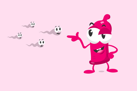 Cute condom mascot shoots on sperms. Isolated on light background.