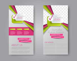 Vector flyer and leaflet design. Set of two side brochure templates. Vertical banners. Pink and green color.