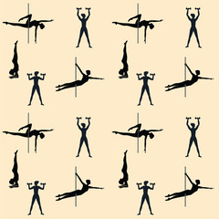 Sport pattern - woman - dance with pole, exercise with dumbbells, stand on head - art creative modern vector