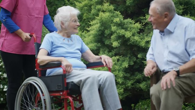 Cheerful elderly residents of nursing home spending time outdoors in the garden