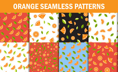 Seamless Floral Pattern set . Orange Fruits Background. Flowers, Leaves. Vector flat style
