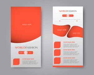 Skinny flyer or leaflet design. Set of two side brochure template or banner. Orange color. Vector illustration.