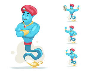 Arabian genie turban magic lamp smoke cartoon characters set wish vector illustration