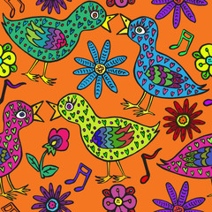 Fototapeta premium Birds couple in love with heart shape feathers, flowers and notes, hand drawn doodle, sketch in naïve, pop art style, seamless pattern design on orange background