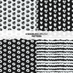 Set of abstract seamless patterns. Hand Drawn textures made with ink.  Background with waves, hearts, circle, modern, brush elements.