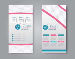 Skinny flyer or leaflet design. Set of two side brochure template or banner.  Vector illustration. Pink and blue color.