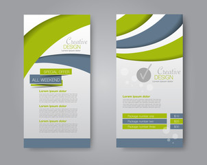 Skinny flyer or leaflet design. Set of two side brochure template or banner.  Vector illustration. Green and grey color.