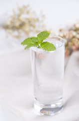 Full glass of water with mint leaf on the table.