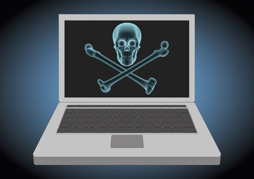 laptop computer hacked displaying a skull and cross bones