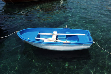 Blue small boat floating on water