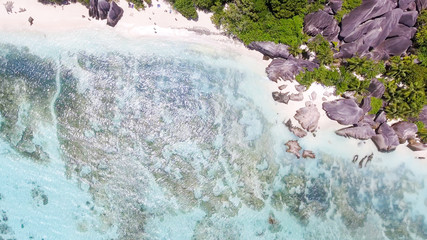 Overhead view of Anse Source D'argent in La Digue - Seychelles Islands