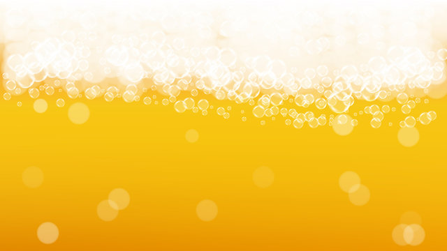Beer background with realistic bubbles. Cool beverage for restaurant menu design, banners and flyers. Yellow horizontal beer background with white frothy foam. Cold pint of golden lager or ale.