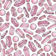 Watercolor and ink hand painted pink gems and crystals seamless pattern on the white background.