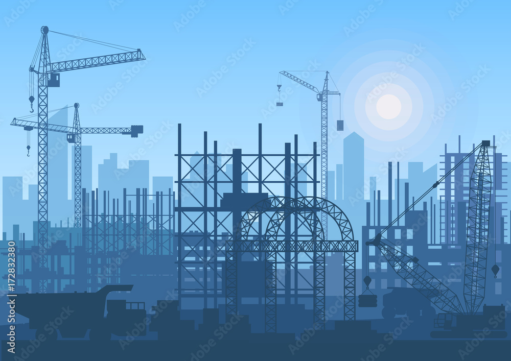 Wall mural tower cranes on construction site. buildings under construction. - Wall murals