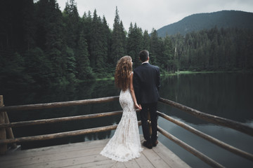 Beautifull wedding couple kissing and embracing near mountain with perfect view