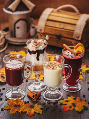 Set of drinks. White Chocolate, Cream, Creamy Cocktails and mulled wine