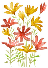 Watercolor flowers set. Hand drawn floral elements isolated on white background. Fantasy flowers, leaves and branch collection.