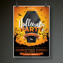 Halloween Party flyer vector illustration with black coffin on orange sky background. Holiday design with spiders and bats for party invitation, greeting card, banner, poster.