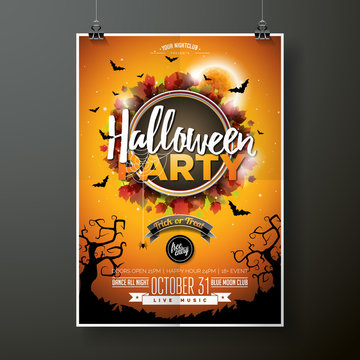 Halloween Party flyer vector illustration with moon on orange sky background. Holiday design with spiders and bats for party invitation, greeting card, banner, poster.