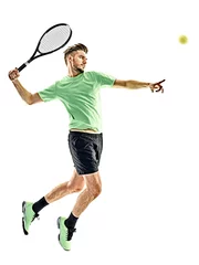 Fotobehang one caucasian  man playing tennis player isolated on white background © snaptitude
