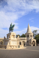 Beautiful view of the Monument to St. Istvan on the Buda Hill near the Fishermen's Bastion in Budapest, Hungary