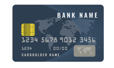 Realistic credit card design template with a chip frontside view mock up. Dark blue color.