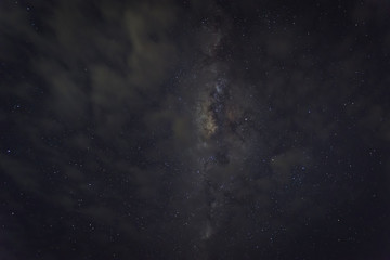 Milky Way Under the Cloud Over Tanjung Layar Beach in Sawarna, Banten, Indonesia. Long exposure and High ISO Photograph, with Visible Grain and Noise, Blur, and Soft Focus.