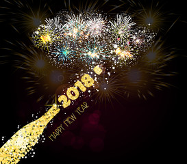 New year champagne toast golden 2018 background fireworks lights effects