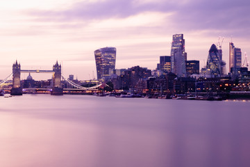 Fototapeta na wymiar Long exposure, London cityscape at sunset with landmarks