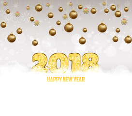 Happy new year 2018 gold glitter type background with gold balls