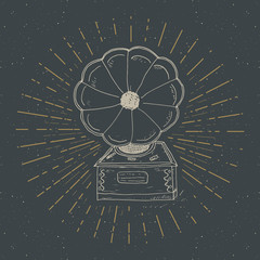 Gramophone vintage label, Hand drawn sketch, grunge textured retro badge, typography design t-shirt print, vector illustration