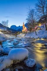St. Sebastian Parish Church at night in winter at Berchtesgadener Land, Bavaria, Germany
