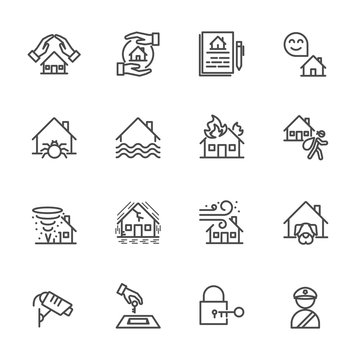 House, Property insurance, Vector illustration of thin line icons for Insurance business, banking