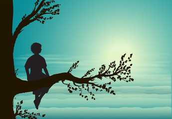 boy sitting on big tree branch, silhouette, secret place, childhood memory, dream, - obrazy, fototapety, plakaty