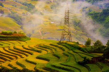 Sapa, Vietnam lanscape, Muong Hoa Valley in the early morning with warm sunlight and a thin mist far far away.