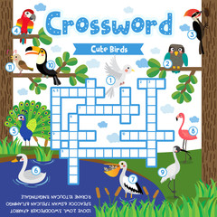 Crosswords puzzle game of cute birds animals for preschool kids activity worksheet colorful printable version. Vector Illustration.