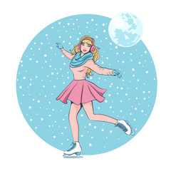 Beautiful girl with long hair skates in winter on skates
