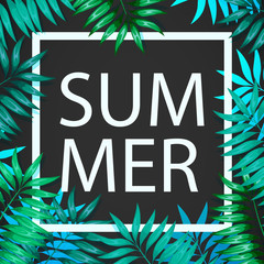 Fototapeta premium Frame of colorful tropical leaves. Concept of the jungle for the design of invitations, greeting cards and wallpapers.