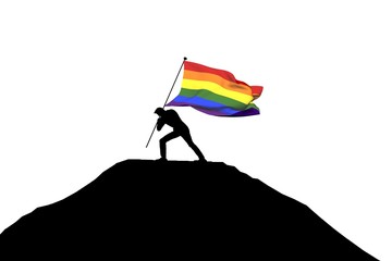 Gay pride flag being pushed into mountain top by a male silhouette. 3D Rendering