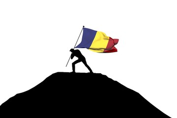 Romania flag being pushed into mountain top by a male silhouette. 3D Rendering